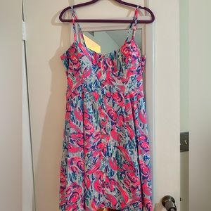 Lilly Pulitzer pink and blue print dress with gold buttons